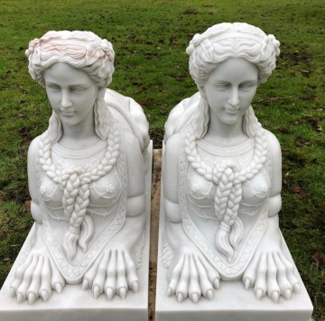 Incredible antique hand carved marble sphinx statues