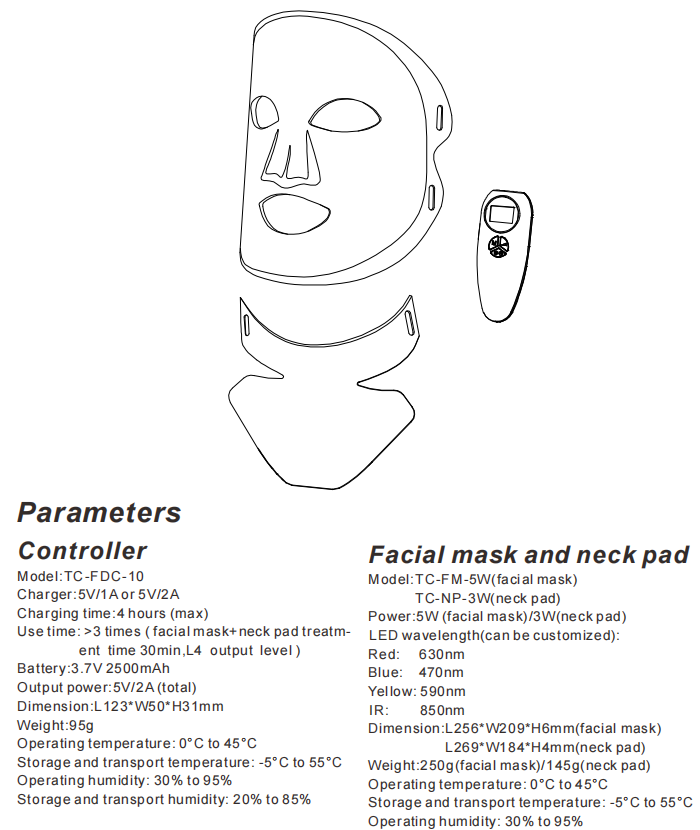 Red LED Light Therapy Facial Mask and Green Light Blue Color Purple LED Infrared Neck Pad for Cosmetic Application