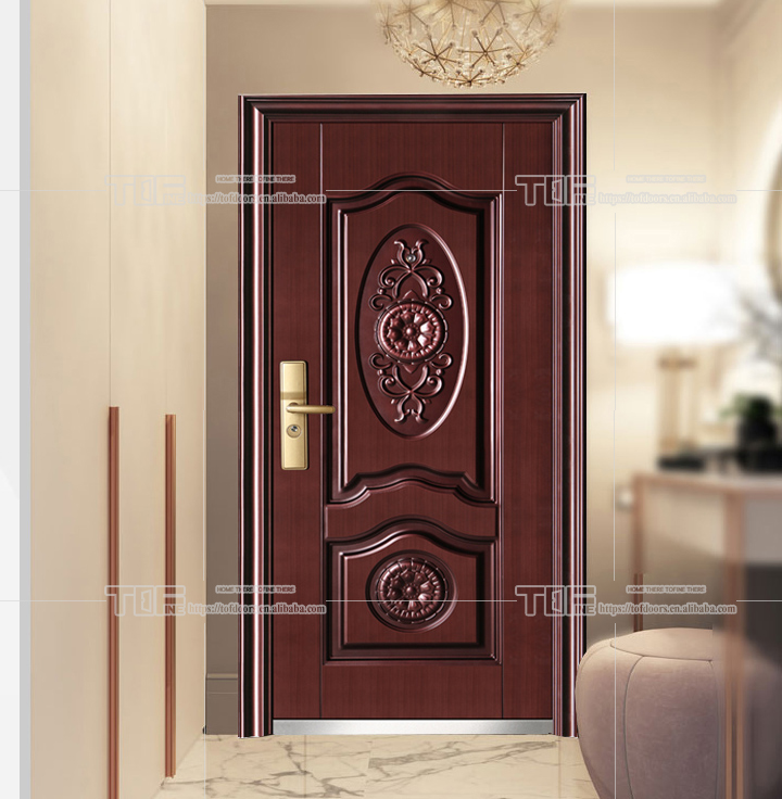 Golden Color Handle 3D Embossment Design Luxury Entrance Steel Gate Top Quality Copper Color Doors