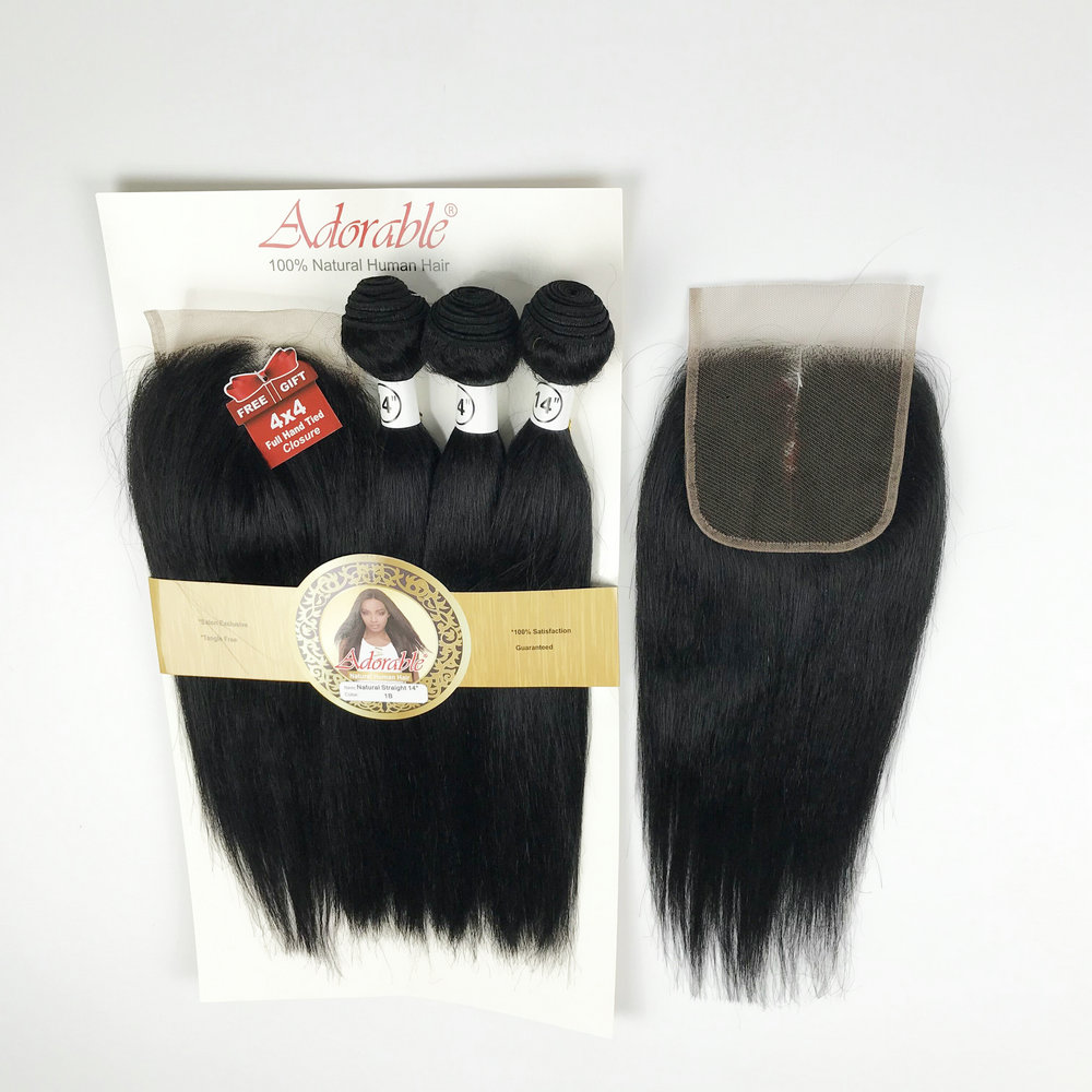 Natural Straight 3 bundles with a closure Silky Straight Virgin Human Hair Mixed Lengths Natural Color