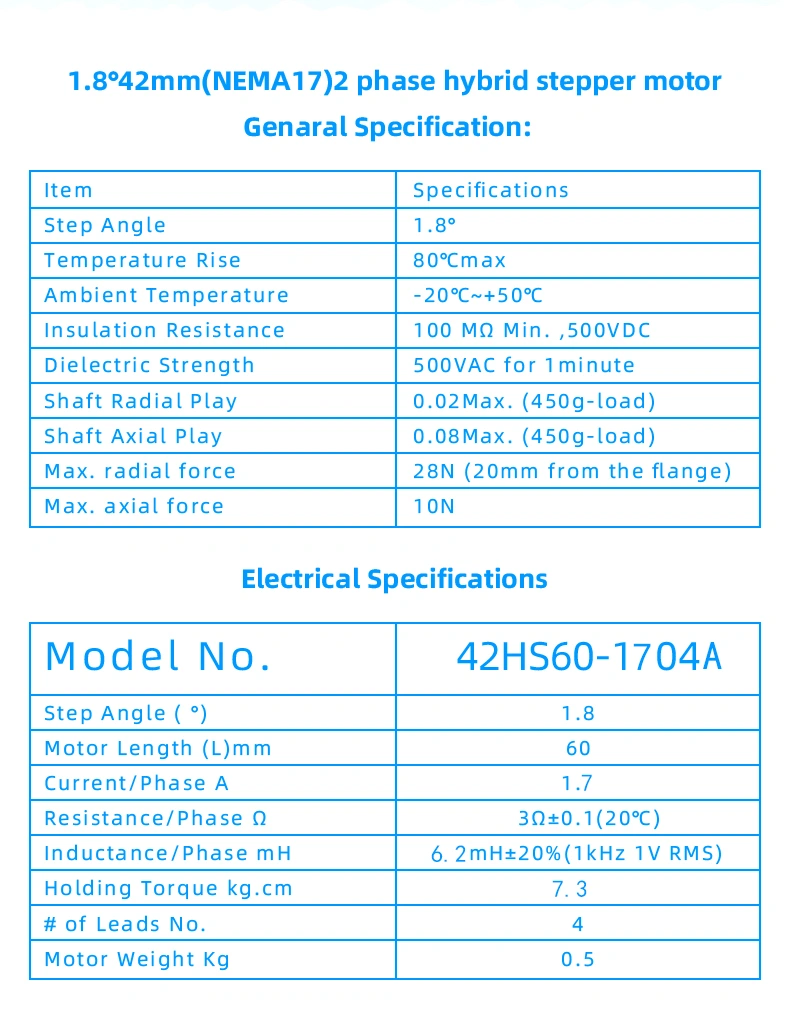 High Torque 1.7A 60mm 2 Phase 1.8 Degrees 42 Step Motor for CNC NEMA 17 Hybrid Stepper Motor