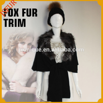 Fashion style handmade wool knitted shawl with fox fur trim shawl