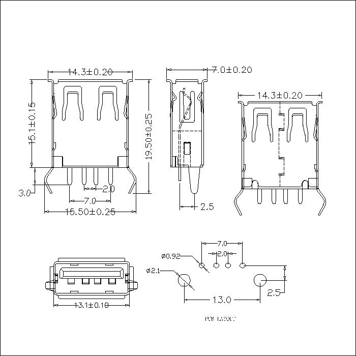 UAFS07B-BPBS0XX USB A Type Receptacle Straight DIP L=15.1mm Crimping Bend Legs