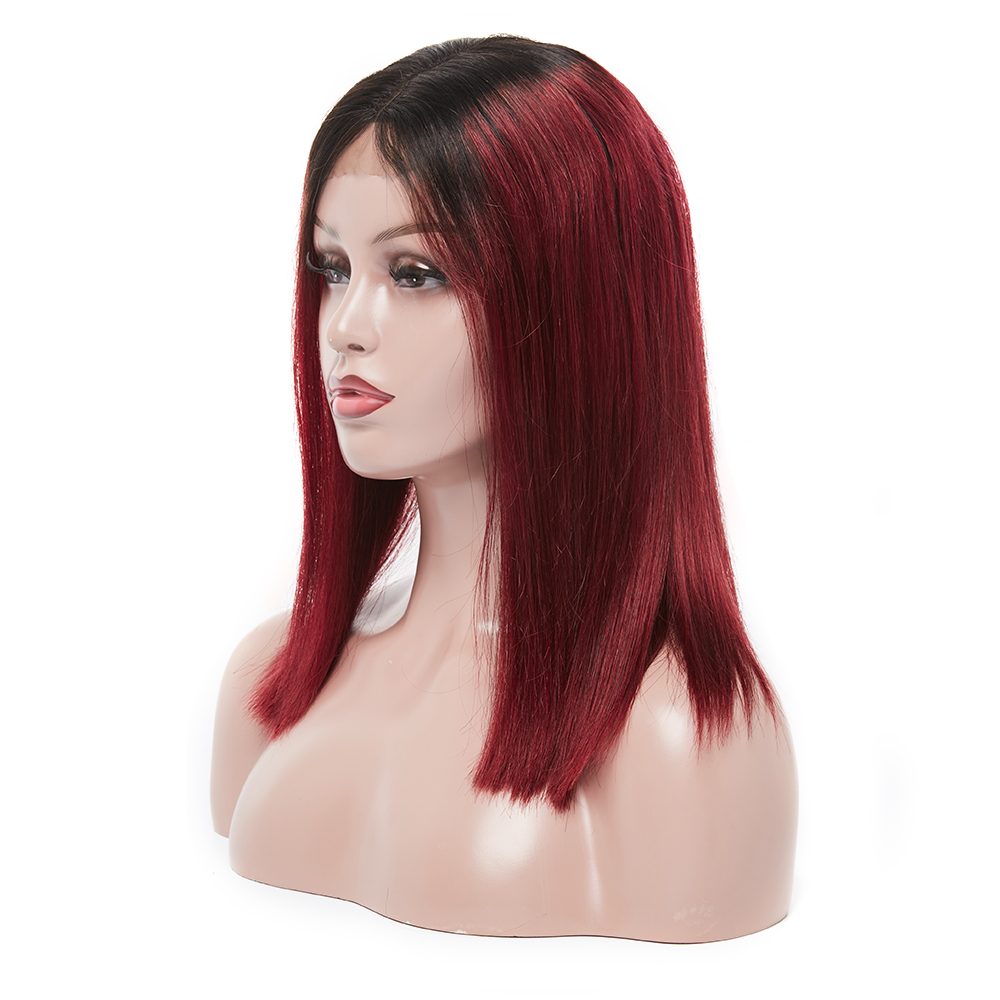 Middle Parting Cuticle Aligned Hair Straight Short Bob Wigs Dark Roots Ombre 99J Burgundy Lace Front Wig