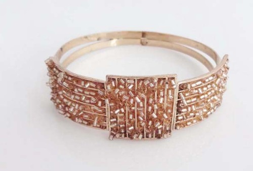 Handmade Big Double Metal Ring with Light Brown Glass Seed Bead Bangle for unisex