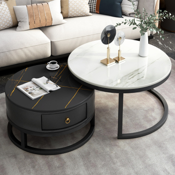 Black Round Coffee Tables with Nested Design and Drawer for Living Room