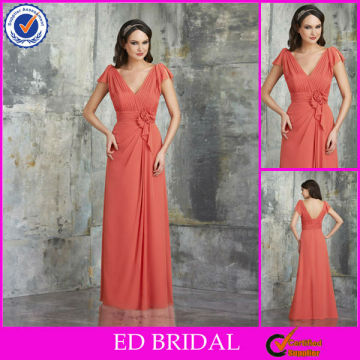 CB46 Beautiful Coral Chiffon Long Cap Sleeve Bridesmaid Dress