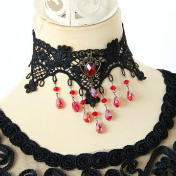 Fashion handmade wholesale pink beads pendant black lace necklace