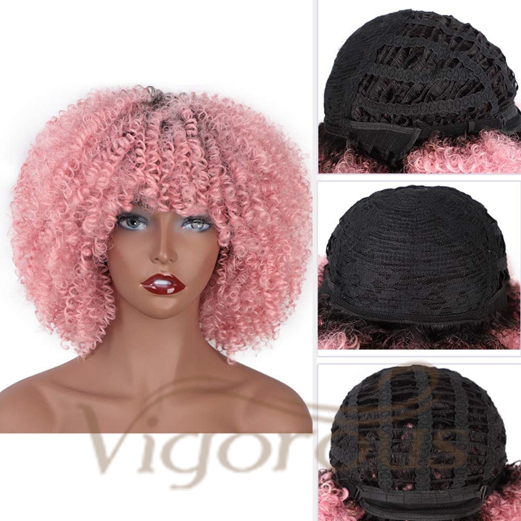 Vigorous Best Selling Wholesale Cheap Price Short Kinky Curly Fluffy Ombre Pink With Bangs For Black Women Synthetic Hair Wigs