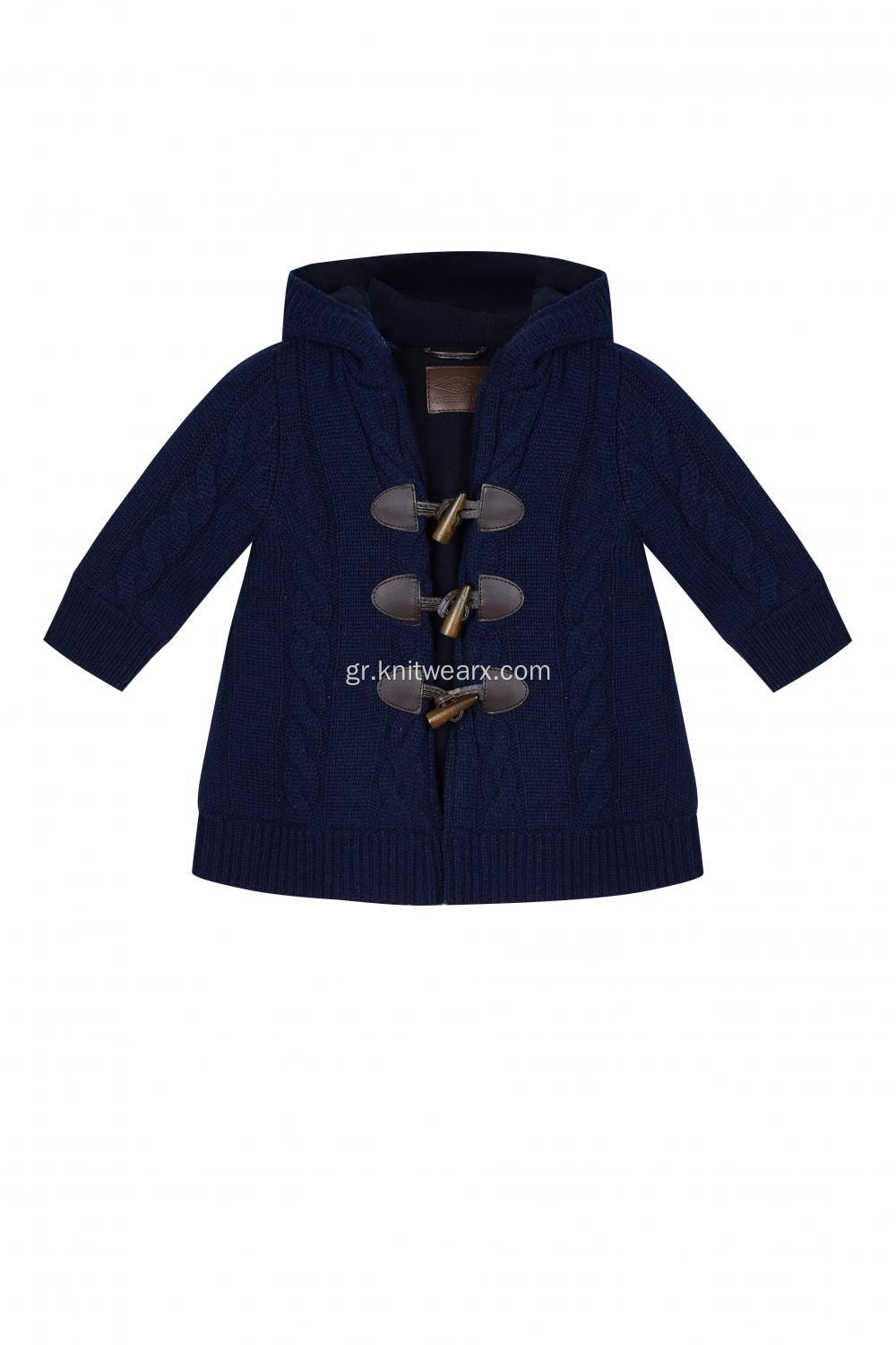 Baby's Knitted Horn Button Lined Cable Cardigan Hoodie