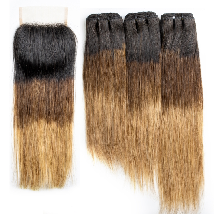 Brazilian Hair Bundles With Closure T1b/4/27 Ombre Color Human Hair 3 Bundles With Closure Remy 4x4 Lace Closure With Bundles
