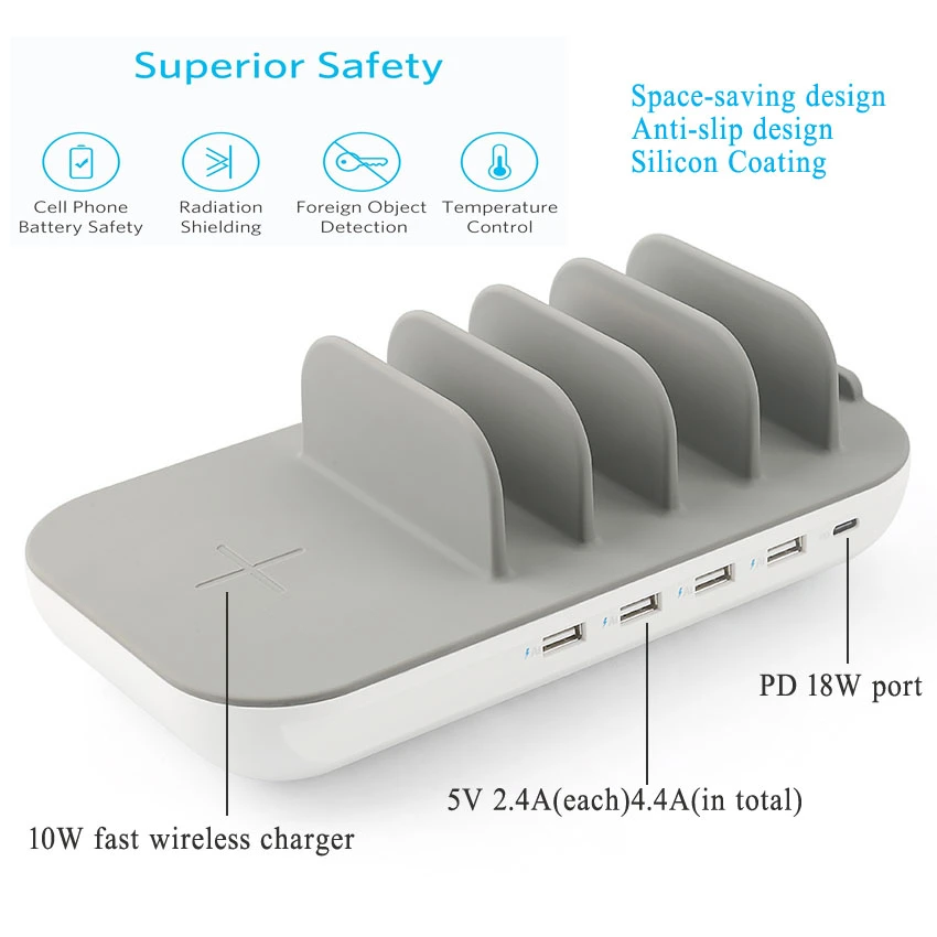 OEM 5 Port Mobile Phone Docking Station High Quality with 10W Wireless Charging Pad