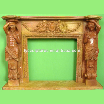 European style classical indoor fireplace mantel with figures of yellow stone