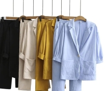 Custom Women's Cotton and Linen Suit Jacket and Trouser Set for Spring and Autumn