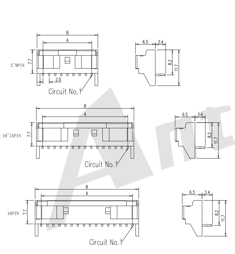 Connecteur de plaquette de 2,0 mm à 90 ° sans post