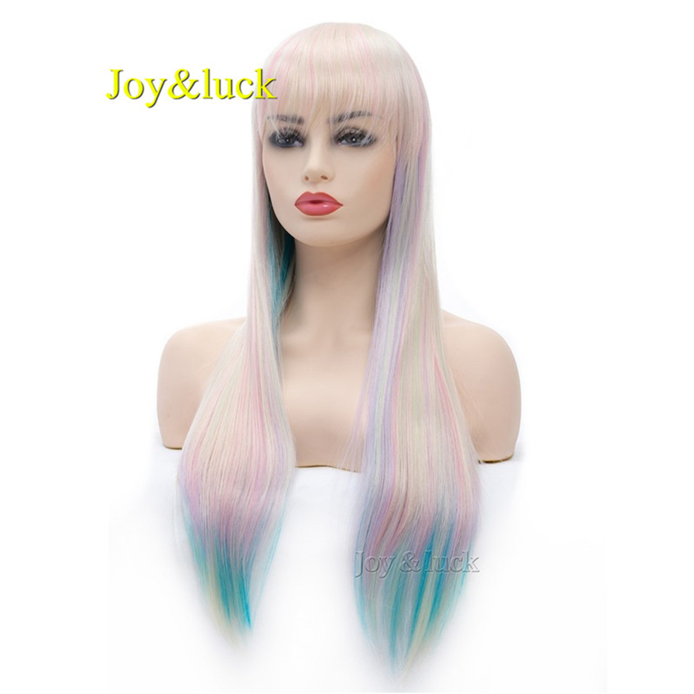 Long Straight Wig 24 inch Blonde Rainbow Colored Synthetic Wigs for Women Daily or Cosplay Wig Hair Style