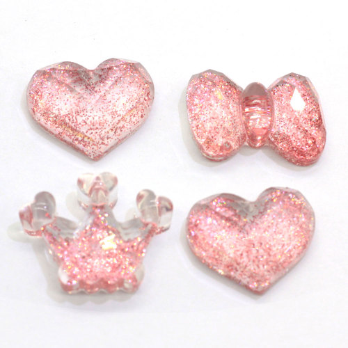 Hot Sale Resin Flat Back Glittery Cabochons Kawaii Heart Bowknot Crown Shape Glitter Slime Charms Cabs For Craft Jewelry Making