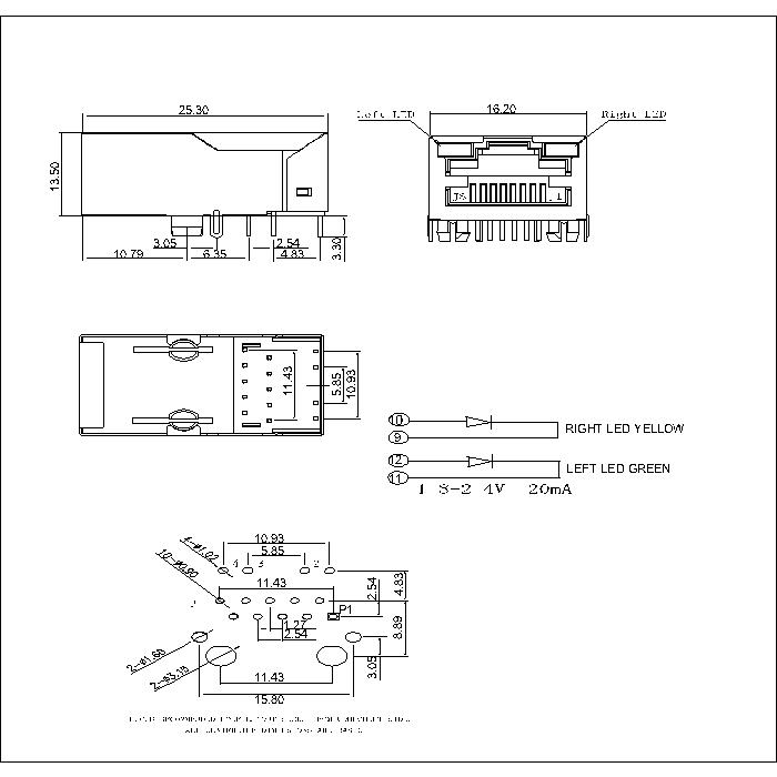 ATRJ5922-10P8C-X-D-A-D RJ45 Jack Side Entry 1X1P  Shielded With LED