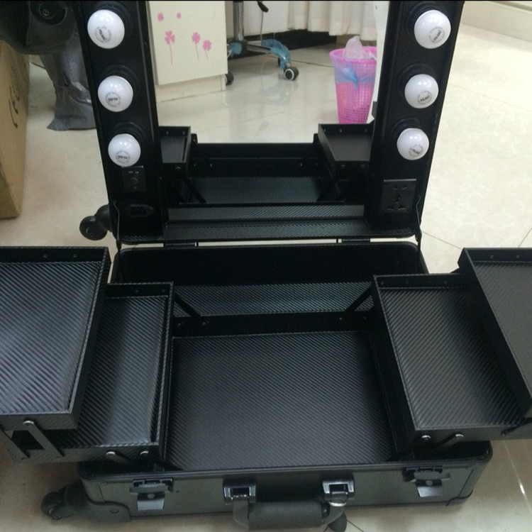 Aluminum Lighted Makeup Case With Legs, Wheels & Multi-Media Makeup Studio Case with LED Lights & Stand