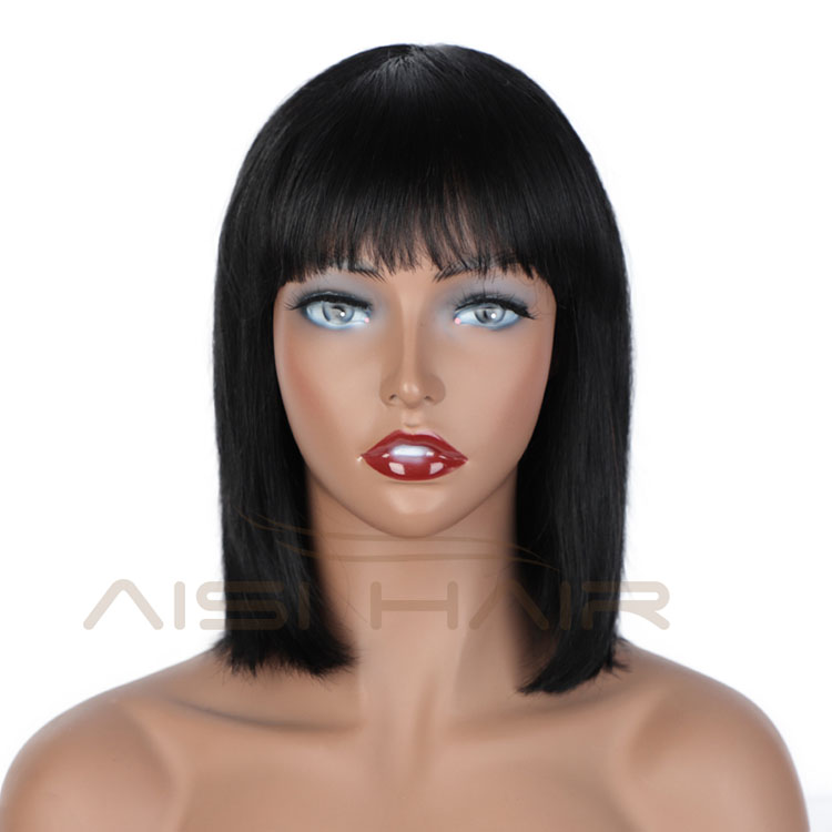 Aisi Hair For Black Women Silky Straight Wig With Bangs 100% Natural Black Short Bob 14 Inch Wig Human Hair Brazilian