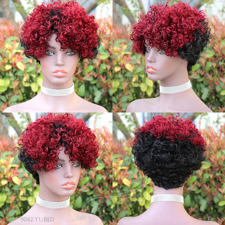 Vigorous Top Quality Ombre Black Roots To Red Afro Kinky Curly Wigs for Black Women Short Side Part Human Hair Wholesale Price