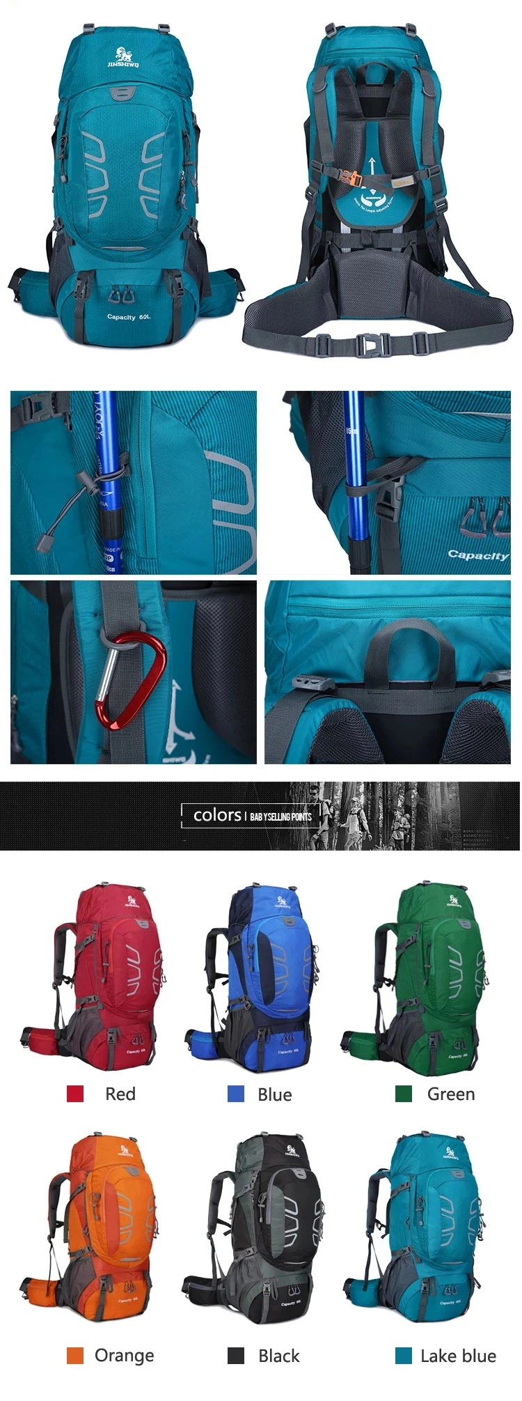 Large 60L Lightweight Climbing Backpack Hiking Rucksack Backpack with Detachable Back