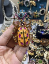 Vintage retro orange enamel scarab brooch