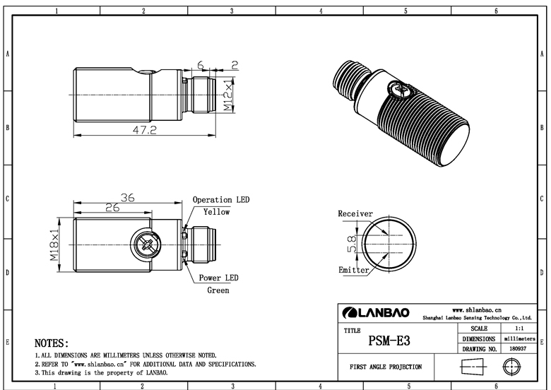 20m long sensing distance M18 PSM through beam reflection photoelectric sensor