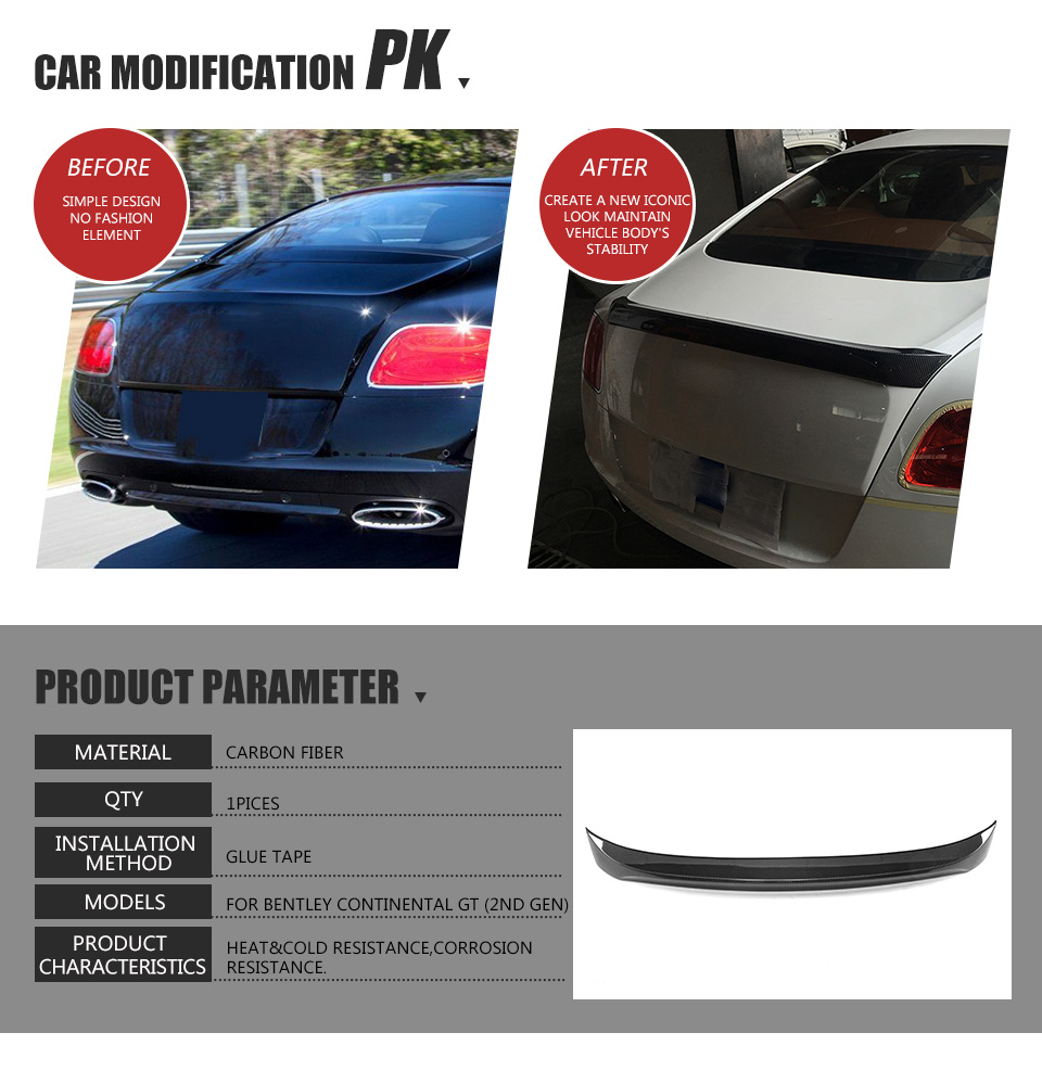 D Style Carbon Fiber Rear Car Spoiler for Bentley Continental GT (2nd Gen) Coupe 2-Door 12-14