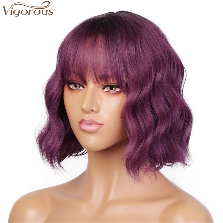 Vigorous Fashion Girl Synthetic Short Wavy Wigs Natural Short Bob Purple Wig With Neat Bangs Heat Resistant Wholesale Price