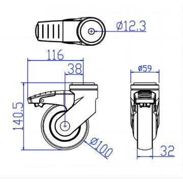 All Plastic Medical wheel Bolt hole caster with brake Casters