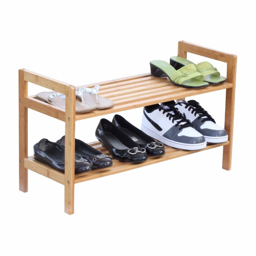 Natural Bamboo 2-Tier Bamboo Stackable Shoe Rack Shoe Storage Rack Household Shelf Storage