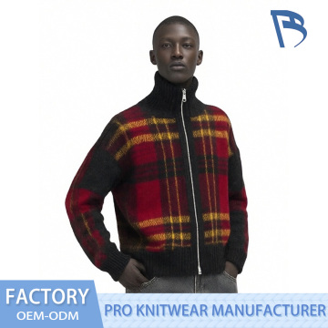 Flame Plaid Half-Zip Turtleneck Knit Cardigan