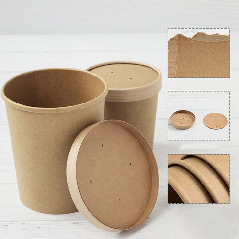 High-Grade Thickened Disposable Kraft Paper Bucket Soup Bowl Snacks Soup Noodle Takeaway Package Soup Cup with Lid