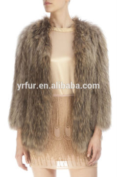 YR886 Natural Brown Knit Raccoon Fur Jacket/Women Winter Fur Jacket Custom