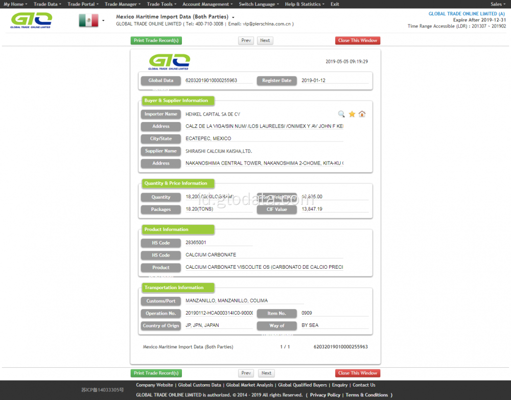 Data Bea Cukai Hipoclorito de Calcio Mexico