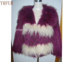 YR766 Women Unique Pattern Raccoon and Long Fur Sheep Knit Coat