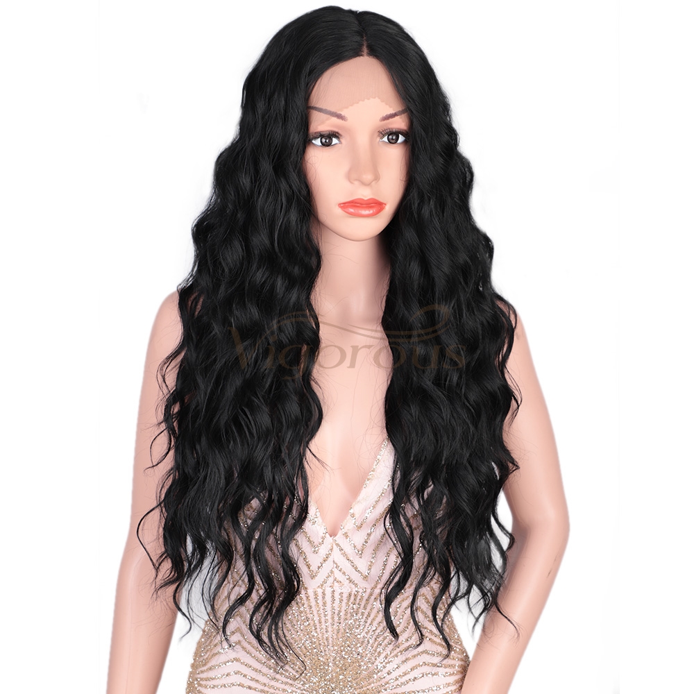 Vigorous Lace Front Wigs 26" Long Wavy Synthetic Wigs for Black Women 150% Density Deep Wave Middle Part Wigs(Natural Black)