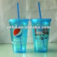 logo printed double wall plastic cups with lids and straws