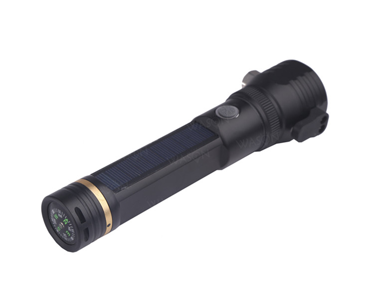 Factory OEM/ODM Multifunction Outdoor Survival Rescue Emergency Solar Rechargeable Flashlight With Knife Hammer And Compass