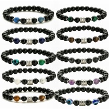 Natural Black Onyx Beads Bracelets 8MM Black Onyx Beads with Gemstone Bead and Stailness Steel Spacer Stretch Bracelet