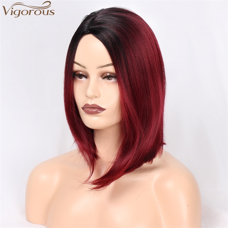 Vigorous 14inch Synthetic Side Part Natural Short Straight Hair Wigs for Black Women 2 Tone Ombre Red Heat Resistant Fiber Hair