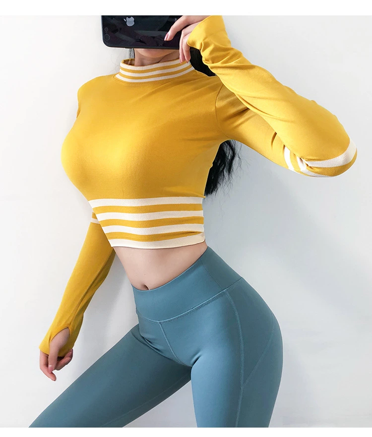 Women Long Sleeve Workout Fitness Clothing Sport Seamless Striped Gym Yoga Crop Top with Thumb Hole