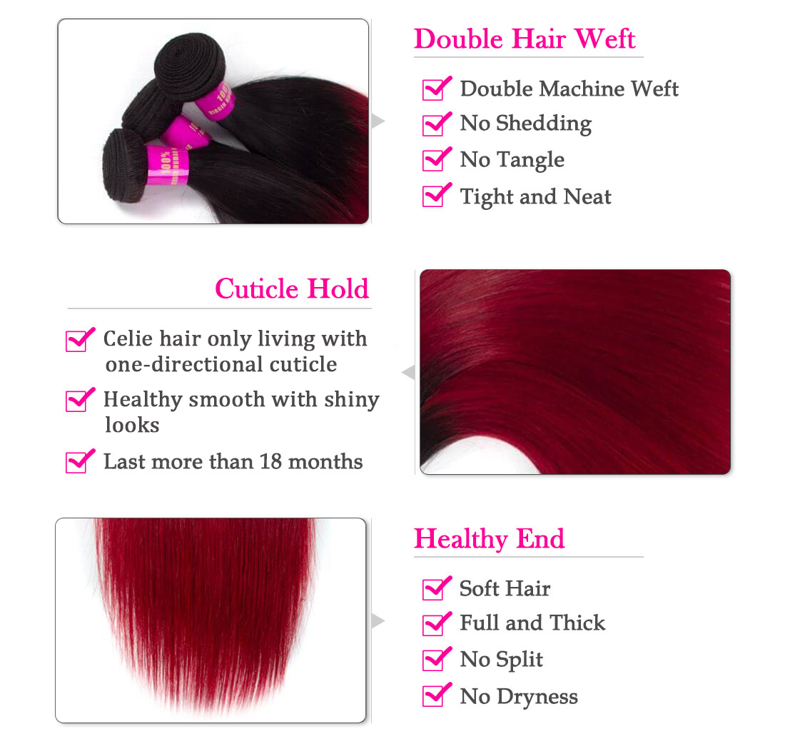 CELIE 100% Virgin Unprocessed Cuticle Aligned Hair Bundles Mink 1B/Red Ombre Straight Hair Extensions
