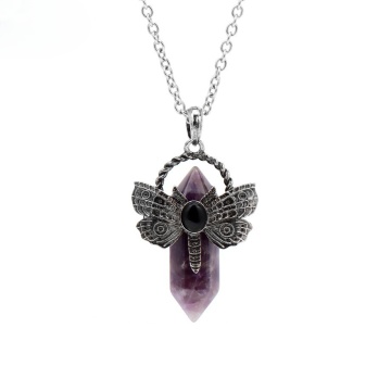 Amethyst Hexagonal Pillar Silver Dragonfly Pendant Necklace Choker Jewelry