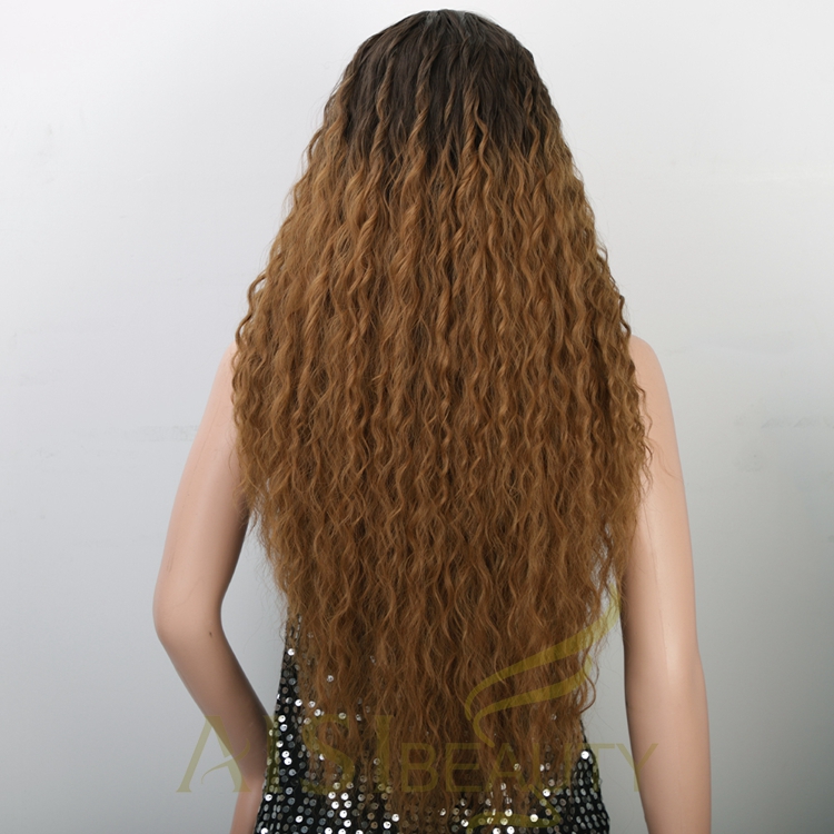 Good Quality Cheap Price Natural Hairline Swiss Lace Ombre Black Brown Long Fiber Kinky Curly Synthetic Hair Wigs