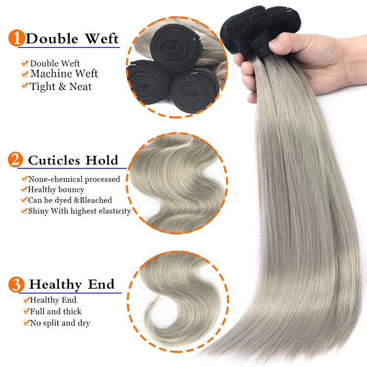 Raw Cuticle Aligned Virgin Hair Malaysian Two Tone Ombre 1B/Grey Silk Straight Color Hair Extension