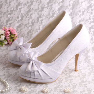 Platform White Lace Bridal Shoes Bowtie