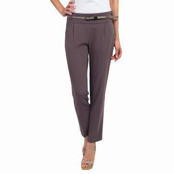 Women's pants with belt, made of 75% polyester, 21% rayon and 4% spandex