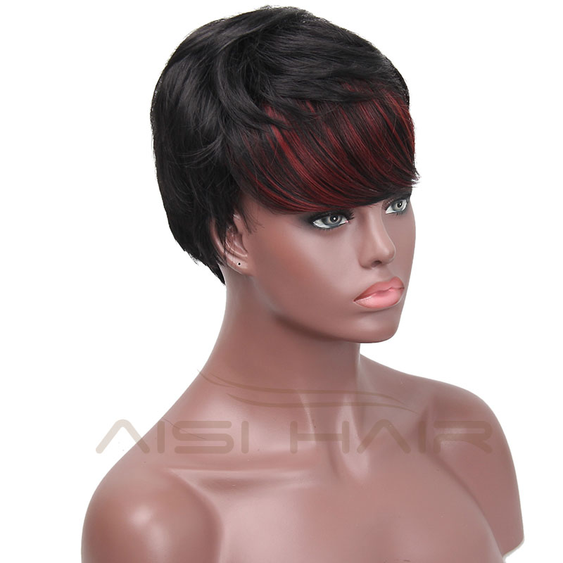 Aisi Hair Most Popular Short Straight Wig Natural Black Wigs with Red Bang Synthetic Pixie Cut Wig for Women